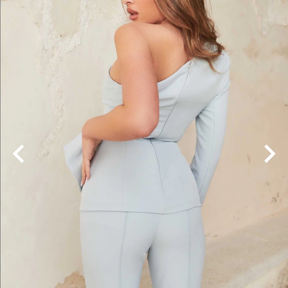 NWT corset top asymmetric one shoulder diamanté buckle blazer baby blue